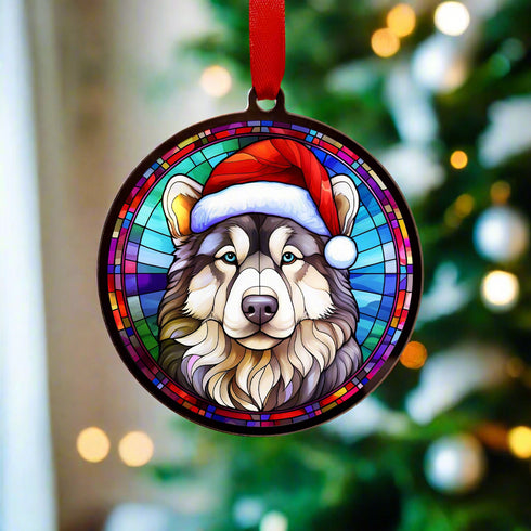 Alaskan Malamute in Santa Hat Suncatcher Decoration